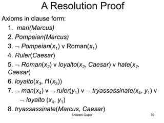 A Resolution Proof
Axioms in clause form:
1. man(Marcus)
2. Pompeian(Marcus)
3.  Pompeian(x1) v Roman(x1)
4. Ruler(Caesar)
5.  Roman(x2) v loyalto(x2, Caesar) v hate(x2,
Caesar)
6. loyalto(x3, f1(x3))
7.  man(x4) v  ruler(y1) v  tryassassinate(x4, y1) v
 loyalto (x4, y1)
8. tryassassinate(Marcus, Caesar)
Shiwani Gupta 70
 