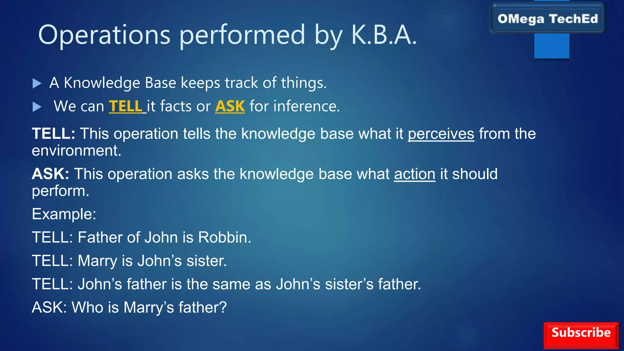 Operations performed by K.B.A.
 A Knowledge Base keeps track of things.
 We can TELL it facts or ASK for inference.
TELL: This operation tells the knowledge base what it perceives from the
environment.
ASK: This operation asks the knowledge base what action it should
perform.
Example:
TELL: Father of John is Robbin.
TELL: Marry is John’s sister.
TELL: John’s father is the same as John’s sister’s father.
ASK: Who is Marry’s father?
Subscribe
 