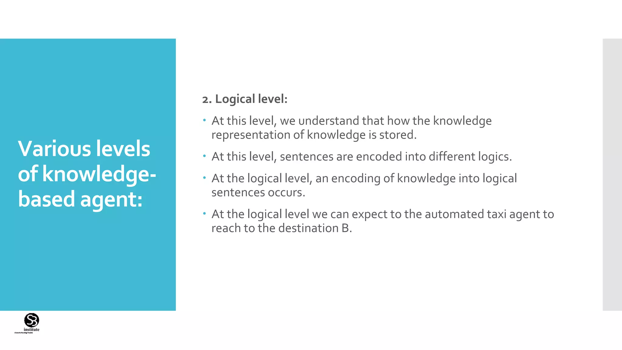 (CentreforKnowledgeTransfer)
institute
Various levels
of knowledge-
based agent:
2. Logical level:
 At this level, we understand that how the knowledge
representation of knowledge is stored.
 At this level, sentences are encoded into different logics.
 At the logical level, an encoding of knowledge into logical
sentences occurs.
 At the logical level we can expect to the automated taxi agent to
reach to the destination B.
 