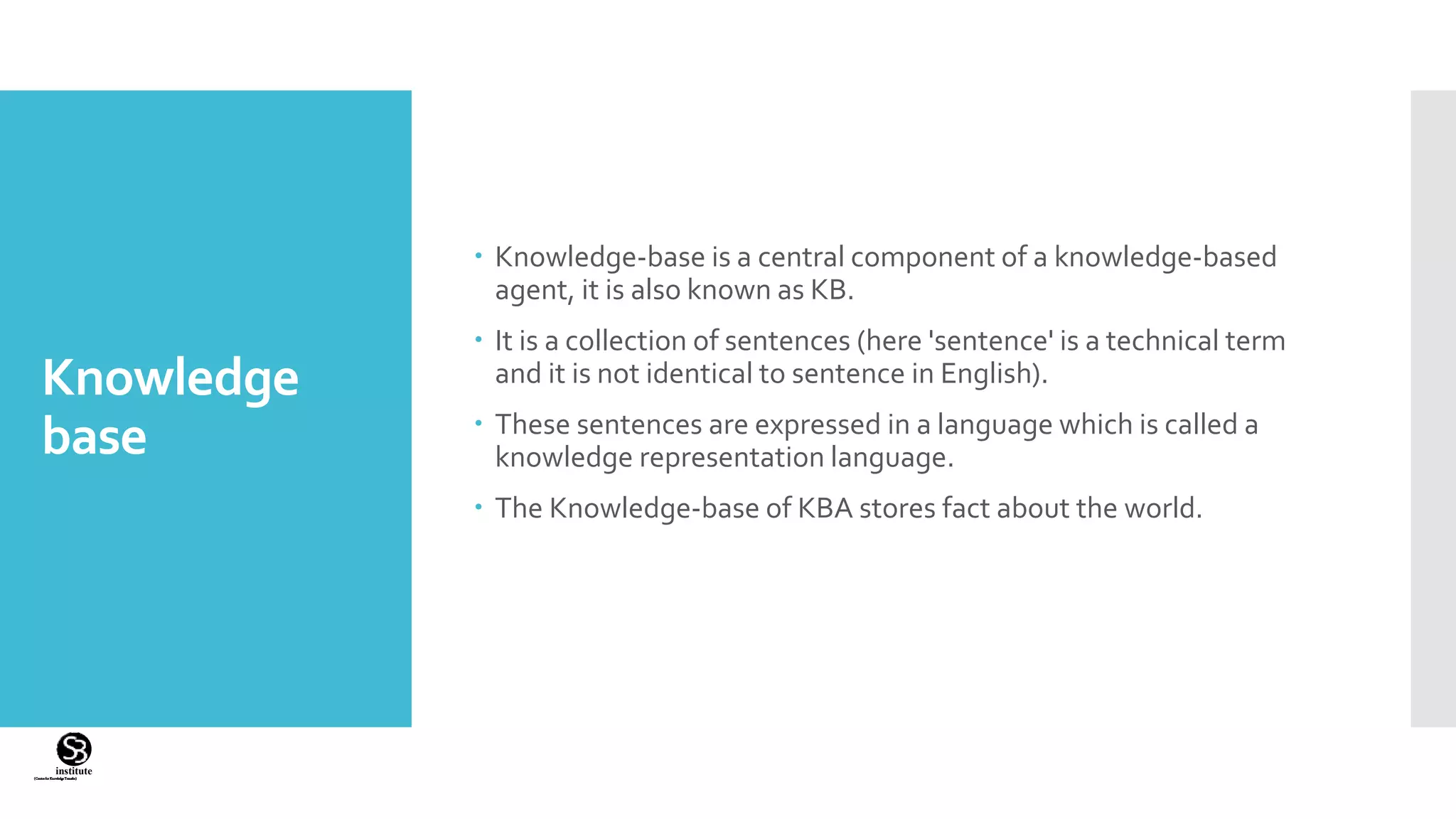(CentreforKnowledgeTransfer)
institute
Knowledge
base
 Knowledge-base is a central component of a knowledge-based
agent, it is also known as KB.
 It is a collection of sentences (here 'sentence' is a technical term
and it is not identical to sentence in English).
 These sentences are expressed in a language which is called a
knowledge representation language.
 The Knowledge-base of KBA stores fact about the world.
 
