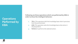 (CentreforKnowledgeTransfer)
institute
Operations
Performed by
KBA
Following are three operations which are performed by KBA in
order to show the intelligent behavior:
1. TELL:This operation tells the knowledge base what it perceives
from the environment.
2. ASK:This operation asks the knowledge base what action it
should perform.
3. Perform: It performs the selected action.
 