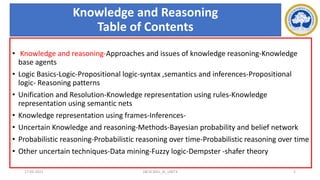 Knowledge and Reasoning
Table of Contents
• Knowledge and reasoning-Approaches and issues of knowledge reasoning-Knowledge
base agents
• Logic Basics-Logic-Propositional logic-syntax ,semantics and inferences-Propositional
logic- Reasoning patterns
• Unification and Resolution-Knowledge representation using rules-Knowledge
representation using semantic nets
• Knowledge representation using frames-Inferences-
• Uncertain Knowledge and reasoning-Methods-Bayesian probability and belief network
• Probabilistic reasoning-Probabilistic reasoning over time-Probabilistic reasoning over time
• Other uncertain techniques-Data mining-Fuzzy logic-Dempster -shafer theory
17-03-2021 18CSC305J_AI_UNIT3 2
 