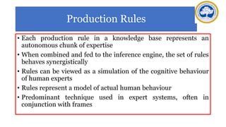 Production Rules
• Each production rule in a knowledge base represents an
autonomous chunk of expertise
• When combined and fed to the inference engine, the set of rules
behaves synergistically
• Rules can be viewed as a simulation of the cognitive behaviour
of human experts
• Rules represent a model of actual human behaviour
• Predominant technique used in expert systems, often in
conjunction with frames
 