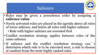 Salience
• Rules may be given a precedence order by assigning a
salience value
• Newly activated rules are placed in the agenda above all rules
of lower salience, and below all rules with higher salience
• Rule with higher salience are executed first
• Conflict resolution strategy applies between rules of the
same salience
• If salience and the conflict resolution strategy can ’ t
determine which rule is to be executed next, a rule is chosen
at random from the most highly ranked rules
 