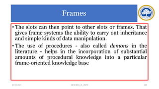 Frames
• The slots can then point to other slots or frames. That
gives frame systems the ability to carry out inheritance
and simple kinds of data manipulation.
• The use of procedures - also called demons in the
literature - helps in the incorporation of substantial
amounts of procedural knowledge into a particular
frame-oriented knowledge base
17-03-2021 134
18CSC305J_AI_UNIT3
 