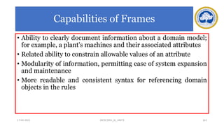 Capabilities of Frames
• Ability to clearly document information about a domain model;
for example, a plant's machines and their associated attributes
• Related ability to constrain allowable values of an attribute
• Modularity of information, permitting ease of system expansion
and maintenance
• More readable and consistent syntax for referencing domain
objects in the rules
17-03-2021 142
18CSC305J_AI_UNIT3
 