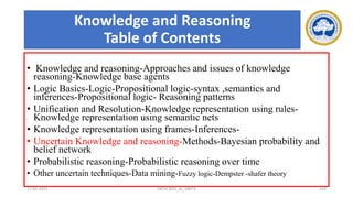 Knowledge and Reasoning
Table of Contents
• Knowledge and reasoning-Approaches and issues of knowledge
reasoning-Knowledge base agents
• Logic Basics-Logic-Propositional logic-syntax ,semantics and
inferences-Propositional logic- Reasoning patterns
• Unification and Resolution-Knowledge representation using rules-
Knowledge representation using semantic nets
• Knowledge representation using frames-Inferences-
• Uncertain Knowledge and reasoning-Methods-Bayesian probability and
belief network
• Probabilistic reasoning-Probabilistic reasoning over time
• Other uncertain techniques-Data mining-Fuzzy logic-Dempster -shafer theory
17-03-2021 18CSC305J_AI_UNIT3 150
 