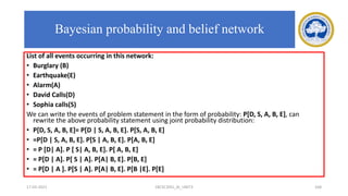 List of all events occurring in this network:
• Burglary (B)
• Earthquake(E)
• Alarm(A)
• David Calls(D)
• Sophia calls(S)
We can write the events of problem statement in the form of probability: P[D, S, A, B, E], can
rewrite the above probability statement using joint probability distribution:
• P[D, S, A, B, E]= P[D | S, A, B, E]. P[S, A, B, E]
• =P[D | S, A, B, E]. P[S | A, B, E]. P[A, B, E]
• = P [D| A]. P [ S| A, B, E]. P[ A, B, E]
• = P[D | A]. P[ S | A]. P[A| B, E]. P[B, E]
• = P[D | A ]. P[S | A]. P[A| B, E]. P[B |E]. P[E]
17-03-2021 18CSC305J_AI_UNIT3 168
Bayesian probability and belief network
 