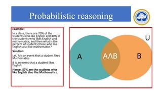 Example:
In a class, there are 70% of the
students who like English and 40% of
the students who likes English and
mathematics, and then what is the
percent of students those who like
English also like mathematics?
Solution:
Let, A is an event that a student likes
Mathematics
B is an event that a student likes
English.
Hence, 57% are the students who
like English also like Mathematics.
17-03-2021 18CSC305J_AI_UNIT3 184
Probabilistic reasoning
 