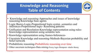 Knowledge and Reasoning
Table of Contents
• Knowledge and reasoning-Approaches and issues of knowledge
reasoning-Knowledge base agents
• Logic Basics-Logic-Propositional logic-syntax ,semantics and
inferences-Propositional logic- Reasoning patterns
• Unification and Resolution-Knowledge representation using rules-
Knowledge representation using semantic nets
• Knowledge representation using frames-Inferences-
• Uncertain Knowledge and reasoning-Methods-Bayesian probability and
belief network
• Probabilistic reasoning-Probabilistic reasoning over time
• Other uncertain techniques-Data mining-Fuzzy logic-Dempster -shafer theory
17-03-2021 18CSC305J_AI_UNIT3 185
 