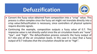 201
Defuzzification
⚫ Convert the fuzzy value obtained from composition into a “crisp” value. This
process is often complex since the fuzzy set might not translate directly into a
crisp value.Defuzzification is necessary, since controllers of physical systems
require discrete signals.
⚫ Continuing the example, composition outputs a fuzzy value of 0.7. This
imprecise value is not directly useful since the air circulation levels are “none”,
“low”, and “high”. The defuzzification process converts the fuzzy output of
0.7 into one of the air circulation levels. In this case it is clear that a fuzzy
output of 0.7 indicates that the circulation should be set to “high”.
 