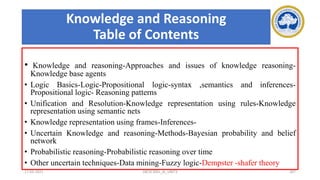 Knowledge and Reasoning
Table of Contents
• Knowledge and reasoning-Approaches and issues of knowledge reasoning-
Knowledge base agents
• Logic Basics-Logic-Propositional logic-syntax ,semantics and inferences-
Propositional logic- Reasoning patterns
• Unification and Resolution-Knowledge representation using rules-Knowledge
representation using semantic nets
• Knowledge representation using frames-Inferences-
• Uncertain Knowledge and reasoning-Methods-Bayesian probability and belief
network
• Probabilistic reasoning-Probabilistic reasoning over time
• Other uncertain techniques-Data mining-Fuzzy logic-Dempster -shafer theory
17-03-2021 18CSC305J_AI_UNIT3 207
 