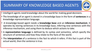 SUMMARY OF KNOWLEDGE BASED AGENTS
27
• Intelligent agents need knowledge about the world for making good decisions.
• The knowledge of an agent is stored in a knowledge base in the form of sentences in a
knowledge representation language.
• A knowledge-based agent needs a knowledge base and an inference mechanism. It
operates by storing sentences in its knowledge base, inferring new sentences with the
inference mechanism, and using them to deduce which actions to take.
• A representation language is defined by its syntax and semantics, which specify the
structure of sentences and how they relate to the facts of the world.
• The interpretation of a sentence is the fact to which it refers. If this fact is part of the
actual world, then the sentence is true.
17-03-2021 18CSC305J_AI_UNIT3
 