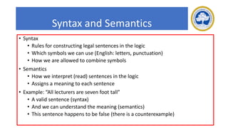 Syntax and Semantics
• Syntax
• Rules for constructing legal sentences in the logic
• Which symbols we can use (English: letters, punctuation)
• How we are allowed to combine symbols
• Semantics
• How we interpret (read) sentences in the logic
• Assigns a meaning to each sentence
• Example: “All lecturers are seven foot tall”
• A valid sentence (syntax)
• And we can understand the meaning (semantics)
• This sentence happens to be false (there is a counterexample)
 