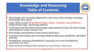 Knowledge and Reasoning
Table of Contents
• Knowledge and reasoning-Approaches and issues of knowledge reasoning-
Knowledge base agents
• Logic Basics-Logic-Propositional logic-syntax ,semantics and inferences-
Propositional logic- Reasoning patterns
• Unification and Resolution-Knowledge representation using rules-Knowledge
representation using semantic nets
• Knowledge representation using frames-Inferences-
• Uncertain Knowledge and reasoning-Methods-Bayesian probability and belief
network
• Probabilistic reasoning-Probabilistic reasoning over time-Probabilistic
reasoning over time
• Other uncertain techniques-Data mining-Fuzzy logic-Dempster -shafer theory
17-03-2021 18CSC305J_AI_UNIT3 39
 