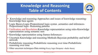 Knowledge and Reasoning
Table of Contents
• Knowledge and reasoning-Approaches and issues of knowledge reasoning-
Knowledge base agents
• Logic Basics-Logic-Propositional logic-syntax ,semantics and inferences-
Propositional logic- Reasoning patterns
• Unification and Resolution-Knowledge representation using rules-Knowledge
representation using semantic nets
• Knowledge representation using frames-Inferences-
• Uncertain Knowledge and reasoning-Methods-Bayesian probability and belief
network
• Probabilistic reasoning-Probabilistic reasoning over time-Probabilistic
reasoning over time
• Other uncertain techniques-Data mining-Fuzzy logic-Dempster -shafer theory
17-03-2021 18CSC305J_AI_UNIT3 65
 