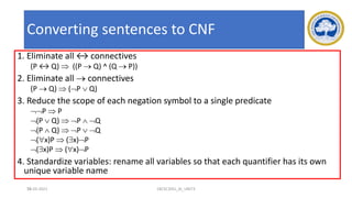 78
Converting sentences to CNF
1. Eliminate all ↔ connectives
(P ↔ Q)  ((P → Q) ^ (Q → P))
2. Eliminate all → connectives
(P → Q)  (P  Q)
3. Reduce the scope of each negation symbol to a single predicate
P  P
(P  Q)  P  Q
(P  Q)  P  Q
(x)P  (x)P
(x)P  (x)P
4. Standardize variables: rename all variables so that each quantifier has its own
unique variable name
17-03-2021 18CSC305J_AI_UNIT3
 