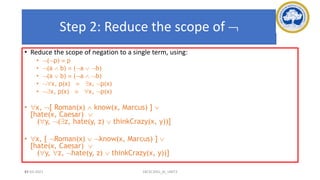 85
Step 2: Reduce the scope of 
• Reduce the scope of negation to a single term, using:
• (p)  p
• (a  b)  (a  b)
• (a  b)  (a  b)
• x, p(x)  x, p(x)
• x, p(x)  x, p(x)
• x, [ Roman(x)  know(x, Marcus) ] 
[hate(x, Caesar) 
(y, (z, hate(y, z)  thinkCrazy(x, y))]
• x, [ Roman(x)  know(x, Marcus) ] 
[hate(x, Caesar) 
(y, z, hate(y, z)  thinkCrazy(x, y))]
17-03-2021 18CSC305J_AI_UNIT3
 