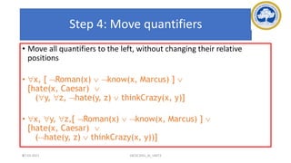 87
Step 4: Move quantifiers
• Move all quantifiers to the left, without changing their relative
positions
• x, [ Roman(x)  know(x, Marcus) ] 
[hate(x, Caesar) 
(y, z, hate(y, z)  thinkCrazy(x, y)]
• x, y, z,[ Roman(x)  know(x, Marcus) ] 
[hate(x, Caesar) 
(hate(y, z)  thinkCrazy(x, y))]
17-03-2021 18CSC305J_AI_UNIT3
 