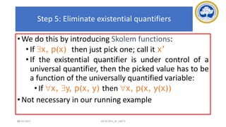 88
Step 5: Eliminate existential quantifiers
• We do this by introducing Skolem functions:
•If x, p(x) then just pick one; call it x’
•If the existential quantifier is under control of a
universal quantifier, then the picked value has to be
a function of the universally quantified variable:
•If x, y, p(x, y) then x, p(x, y(x))
• Not necessary in our running example
17-03-2021 18CSC305J_AI_UNIT3
 