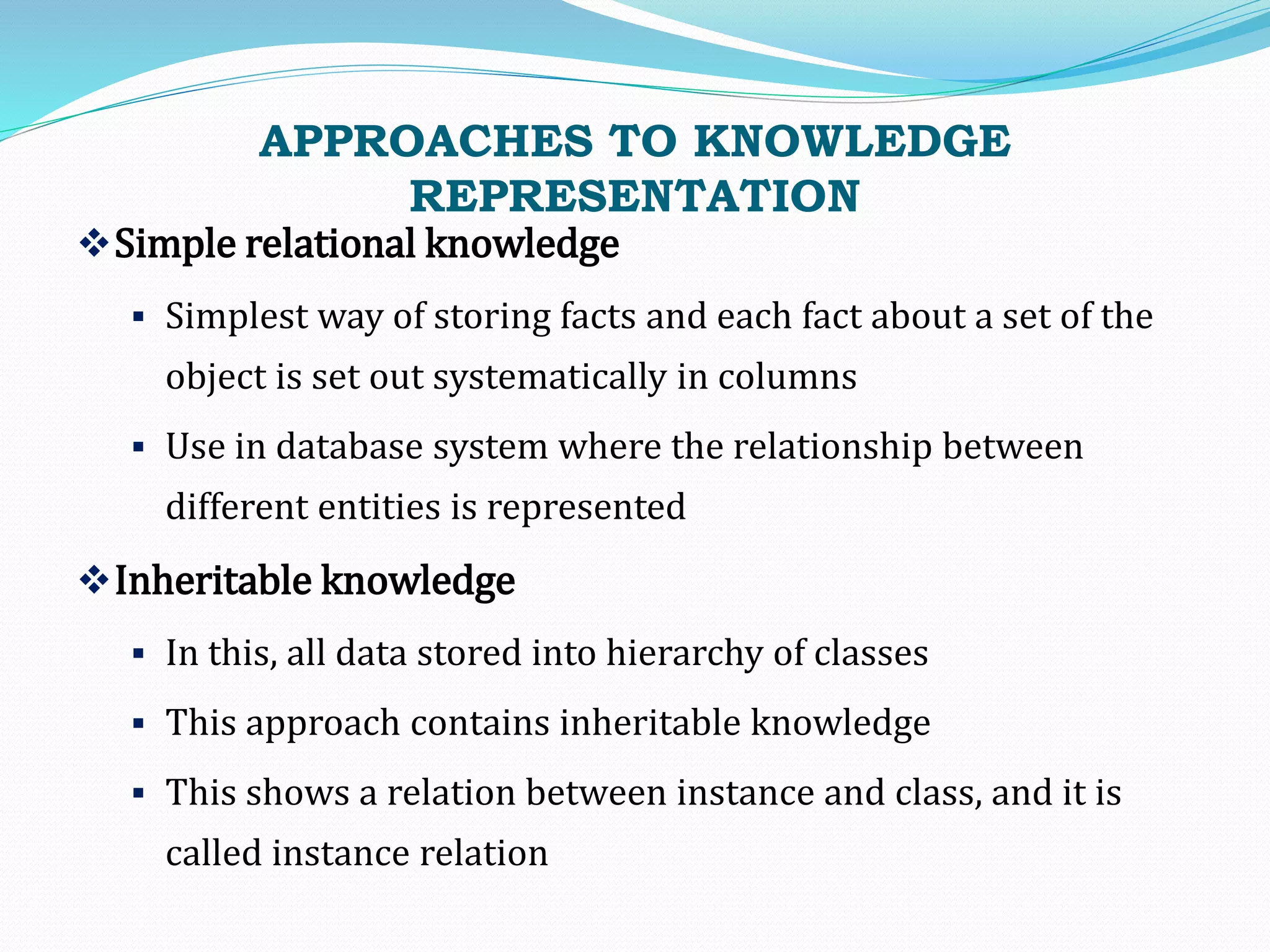 APPROACHES TO KNOWLEDGE
REPRESENTATION
Simple relational knowledge
 Simplest way of storing facts and each fact about a set of the
object is set out systematically in columns
 Use in database system where the relationship between
different entities is represented
Inheritable knowledge
 In this, all data stored into hierarchy of classes
 This approach contains inheritable knowledge
 This shows a relation between instance and class, and it is
called instance relation
 