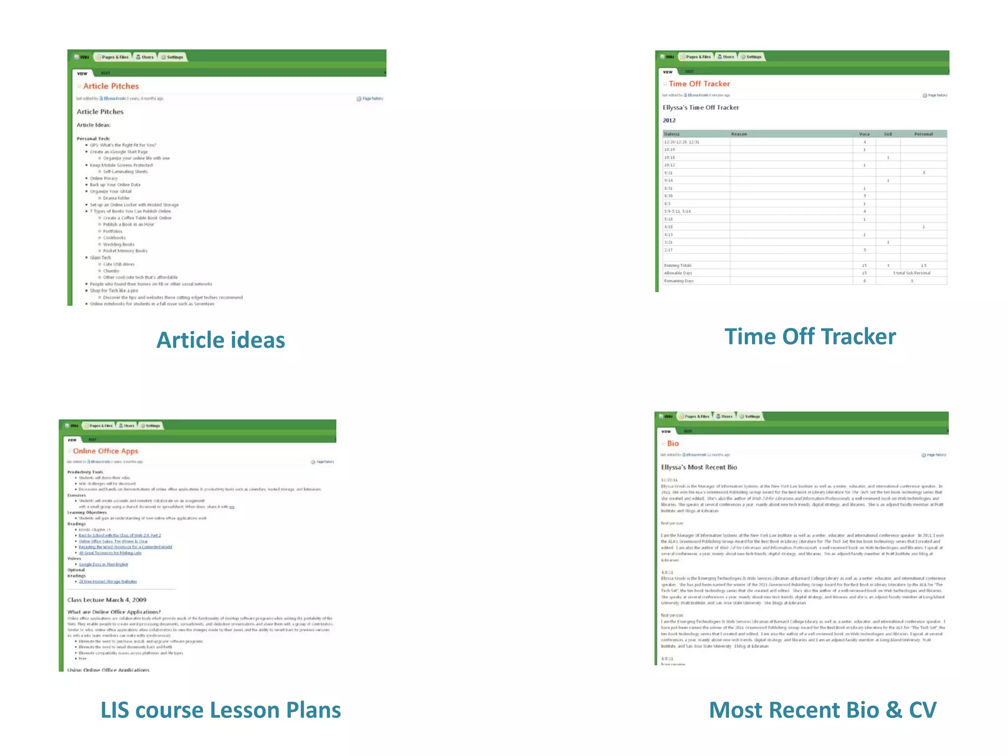 Article ideas         Time Off Tracker




LIS course Lesson Plans   Most Recent Bio & CV
 