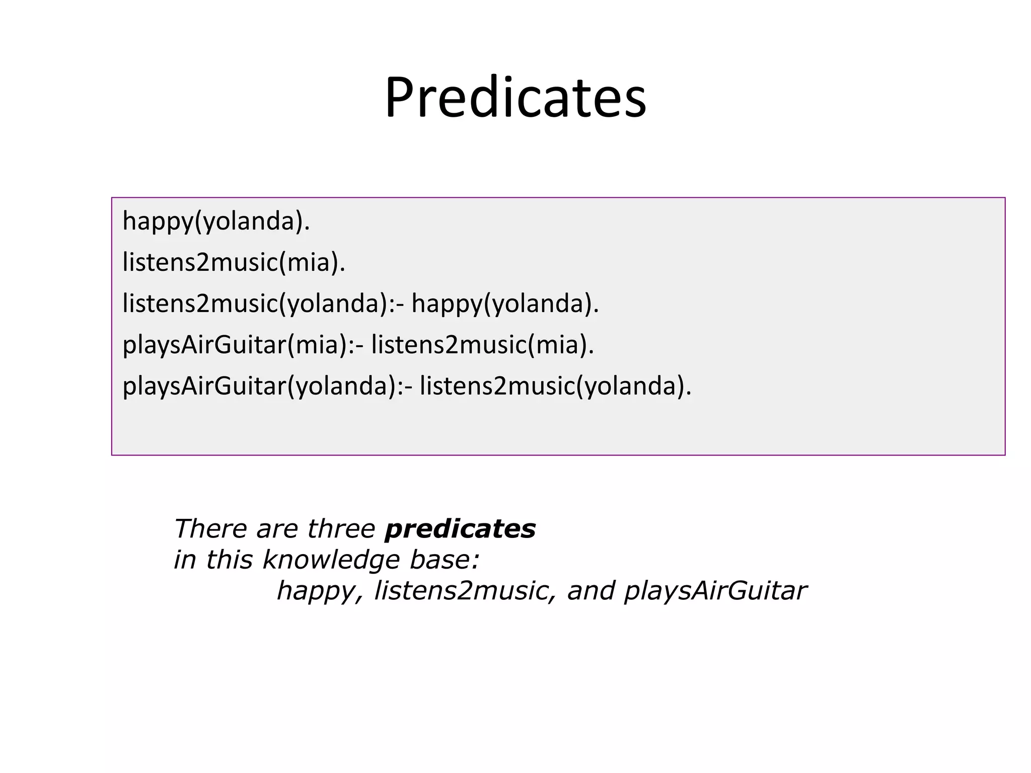 Predicates
happy(yolanda).
listens2music(mia).
listens2music(yolanda):- happy(yolanda).
playsAirGuitar(mia):- listens2music(mia).
playsAirGuitar(yolanda):- listens2music(yolanda).
There are three predicates
in this knowledge base:
happy, listens2music, and playsAirGuitar
 