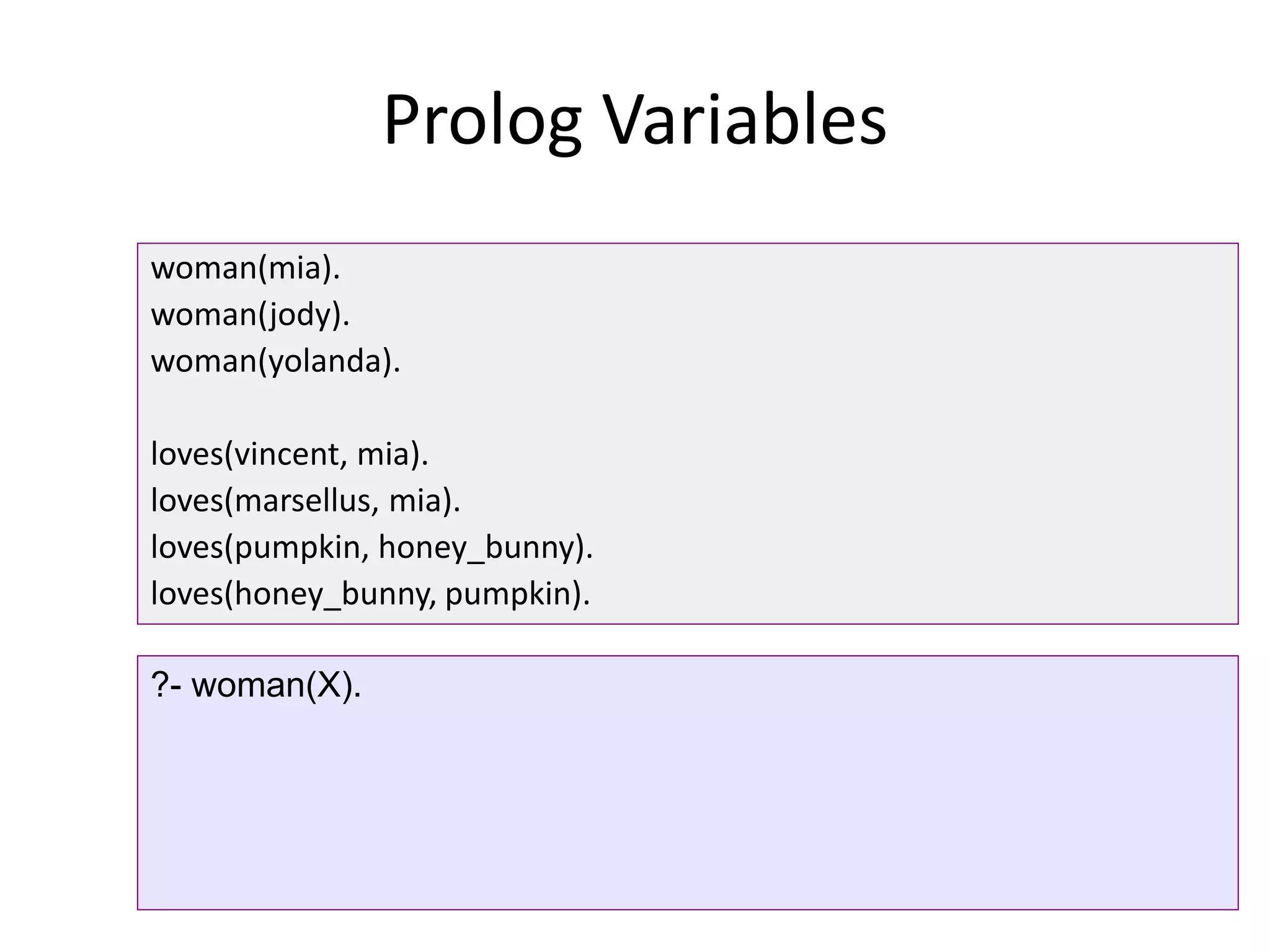 Prolog Variables
woman(mia).
woman(jody).
woman(yolanda).
loves(vincent, mia).
loves(marsellus, mia).
loves(pumpkin, honey_bunny).
loves(honey_bunny, pumpkin).
?- woman(X).
 