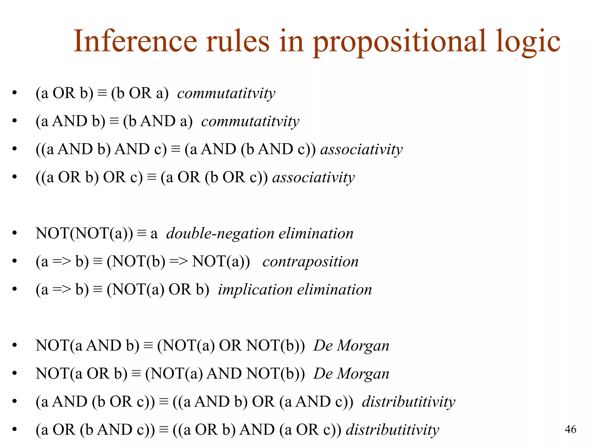 46
Inference rules in propositional logic
• (a OR b) ≡ (b OR a) commutatitvity
• (a AND b) ≡ (b AND a) commutatitvity
• ((a AND b) AND c) ≡ (a AND (b AND c)) associativity
• ((a OR b) OR c) ≡ (a OR (b OR c)) associativity
• NOT(NOT(a)) ≡ a double-negation elimination
• (a => b) ≡ (NOT(b) => NOT(a)) contraposition
• (a => b) ≡ (NOT(a) OR b) implication elimination
• NOT(a AND b) ≡ (NOT(a) OR NOT(b)) De Morgan
• NOT(a OR b) ≡ (NOT(a) AND NOT(b)) De Morgan
• (a AND (b OR c)) ≡ ((a AND b) OR (a AND c)) distributitivity
• (a OR (b AND c)) ≡ ((a OR b) AND (a OR c)) distributitivity
 