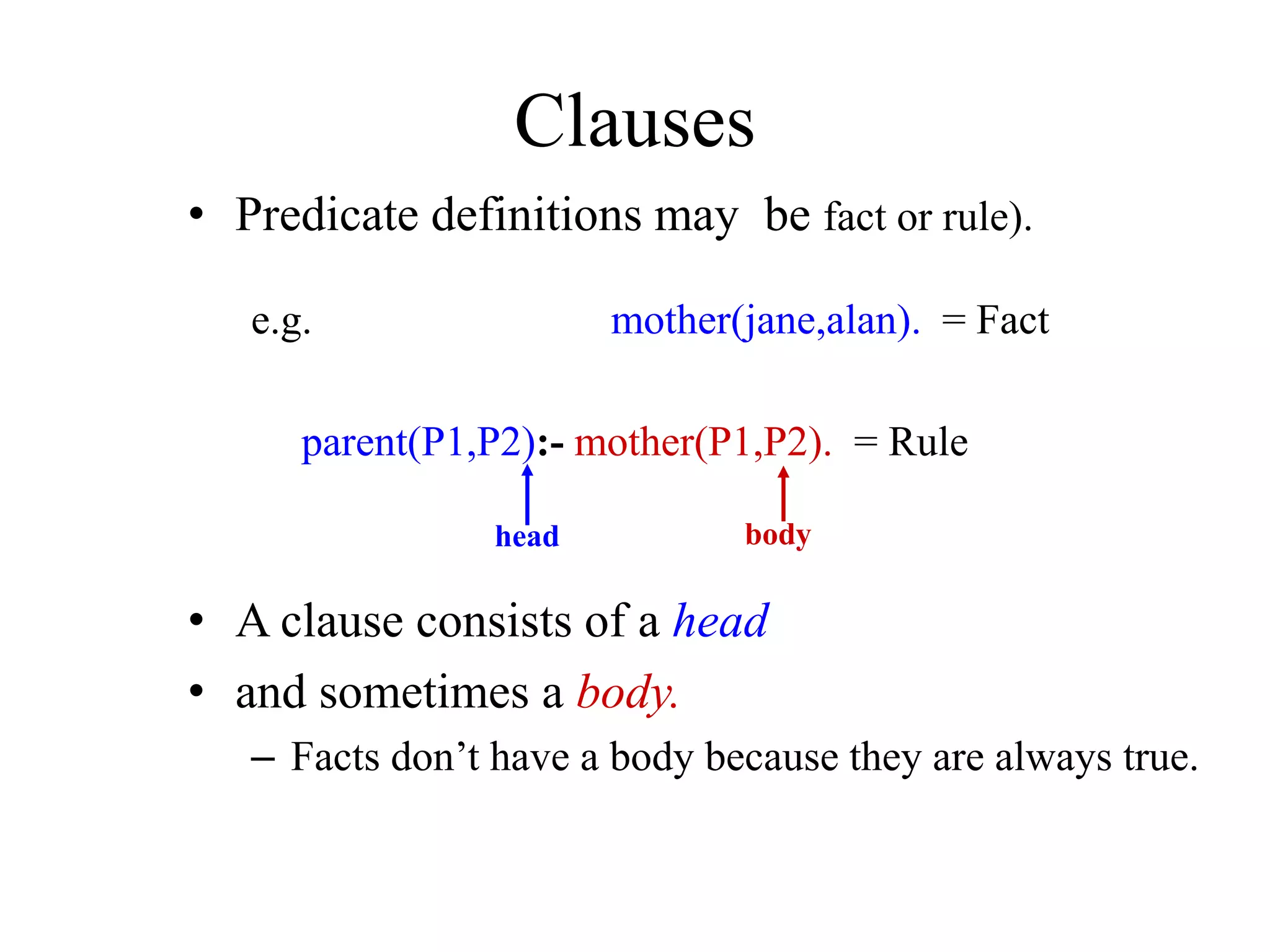 Clauses
• Predicate definitions may be fact or rule).
e.g. mother(jane,alan). = Fact
parent(P1,P2):- mother(P1,P2). = Rule
• A clause consists of a head
• and sometimes a body.
– Facts don’t have a body because they are always true.
head body
 