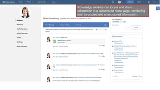 Knowledge workers can locate and share
information in a customized home page, combining
both structured and unstructured information.
 