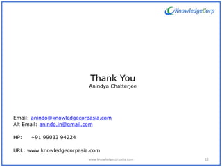 Thank You
Anindya Chatterjee
Email: anindo@knowledgecorpasia.com
Alt Email: anindo.in@gmail.com
HP: +91 99033 94224
URL: www.knowledgecorpasia.com
12www.knowledgecorpasia.com
 