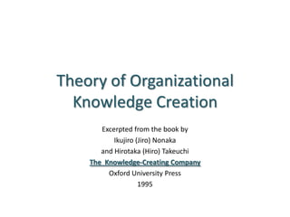 Theory of Organizational Knowledge Creation Excerpted from the book by Ikujiro (Jiro) Nonaka and Hirotaka (Hiro) Takeuchi The  Knowledge-Creating Company Oxford University Press  1995 