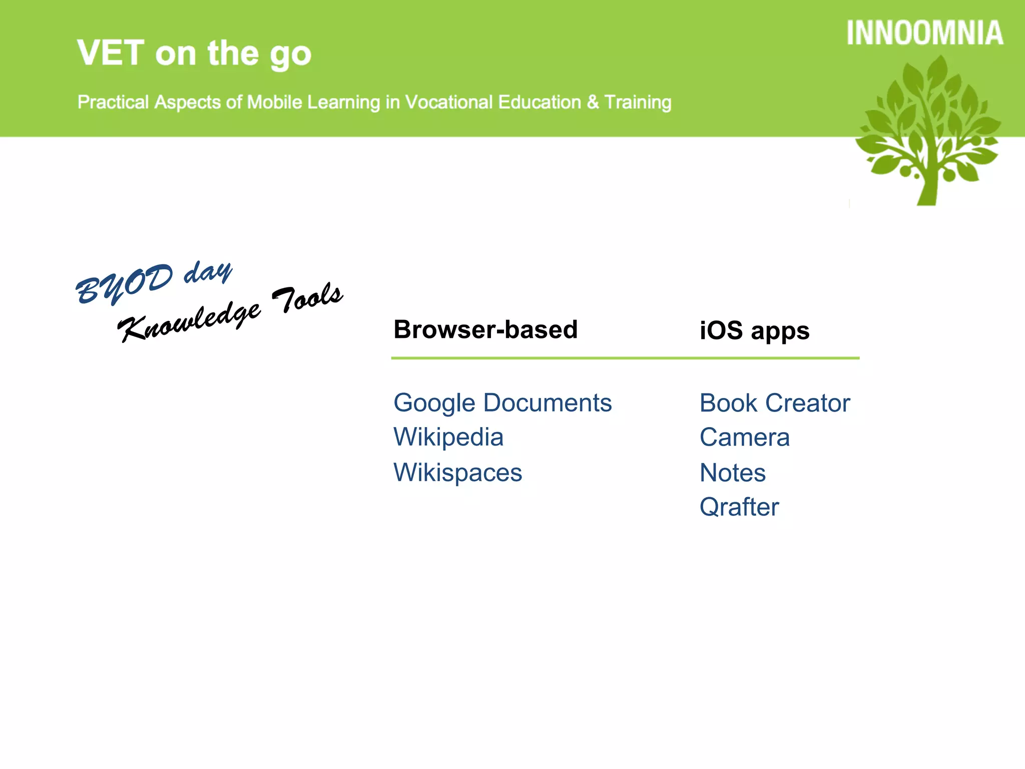y
BY OD da        ols
         dge To
  Knowle              Browser-based      iOS apps

                      Google Documents   Book Creator
                      Wikipedia          Camera
                      Wikispaces         Notes
                                         Qrafter
 