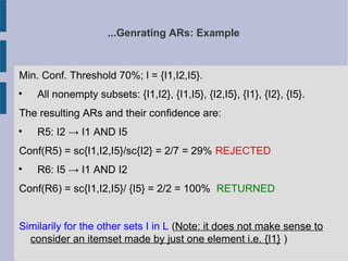 ...Genrating ARs: Example
Min. Conf. Threshold 70%; l = {I1,I2,I5}.

All nonempty subsets: {I1,I2}, {I1,I5}, {I2,I5}, {I1...