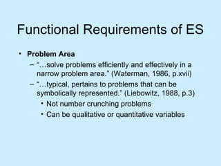 Functional Requirements of ES
• Problem Area
– “…solve problems efficiently and effectively in a
narrow problem area.” (Waterman, 1986, p.xvii)
– “…typical, pertains to problems that can be
symbolically represented.” (Liebowitz, 1988, p.3)
• Not number crunching problems
• Can be qualitative or quantitative variables
 