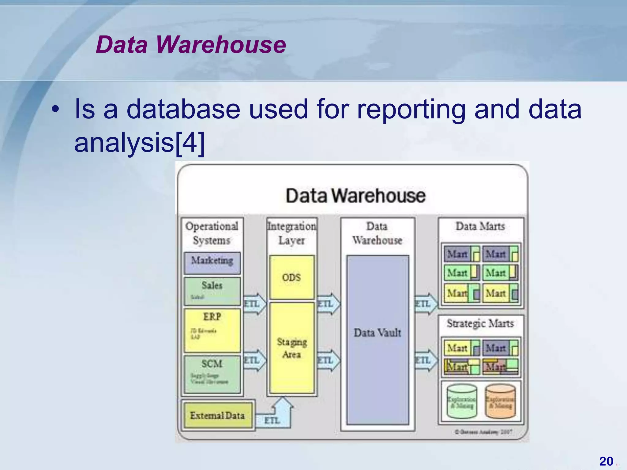 Data Warehouse

• Is a database used for reporting and data
  analysis[4]




                                              20
 