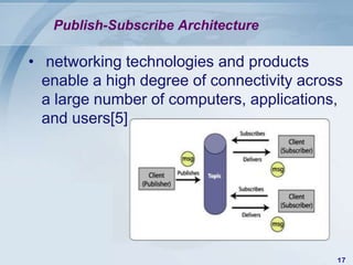 Publish-Subscribe Architecture

• networking technologies and products
  enable a high degree of connectivity across
  a large number of computers, applications,
  and users[5]




                                            17
 