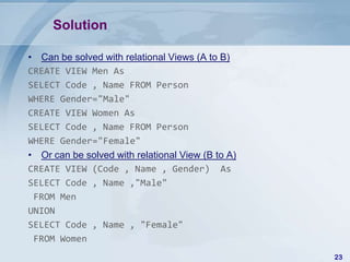 Solution

• Can be solved with relational Views (A to B)
CREATE VIEW Men As
SELECT Code , Name FROM Person
WHERE Gender="Male"
CREATE VIEW Women As
SELECT Code , Name FROM Person
WHERE Gender="Female"
• Or can be solved with relational View (B to A)
CREATE VIEW (Code , Name , Gender) As
SELECT Code , Name ,"Male"
 FROM Men
UNION
SELECT Code , Name , "Female"
 FROM Women
                                                   23
 