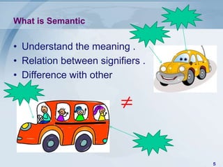What is Semantic

• Understand the meaning .
• Relation between signifiers .
• Difference with other

                         ≠

                                  5
 