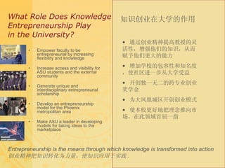 What Role Does Knowledge   Entrepreneurship Play in the University? Empower faculty to be entrepreneurial by increasing flexibility and knowledge Increase access and visibility for ASU students and the external community Generate unique and interdisciplinary entrepreneurial scholarship Develop an entrepreneurship model for the Phoenix metropolitan area Make ASU a leader in developing models for taking ideas to the marketplace Entrepreneurship is the means through which knowledge is transformed into action 创业精神把知识转化为力量，使知识应用于实践 . 知识创业在大学的作用 通过创业精神提高教授的灵活性，增强他们的知识，从而赋予他们更大的能力 增加学校的包容性和知名度，使社区进一步从大学受益 开创独一无二的跨专业创业奖学金 为大凤凰城区开创创业模式 使本校更好地把理念推向市场，在此领域首屈一指 