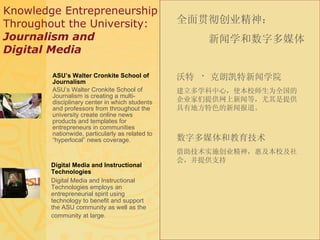 Knowledge Entrepreneurship  Throughout the University: Journalism and  Digital Media ASU’s Walter Cronkite School of Journalism ASU’s Walter Cronkite School of Journalism is creating a multi-disciplinary center in which students and professors from throughout the university create online news products and templates for entrepreneurs in communities nationwide, particularly as related to “hyperlocal” news coverage. Digital Media and Instructional Technologies Digital Media and Instructional Technologies employs an entrepreneurial spirit using technology to benefit and support the ASU community as well as the community at large.    全面贯彻创业精神： 新闻学和数字多媒体 沃特  ·   克朗凯特新闻学院 建立多学科中心，使本校师生为全国的企业家们提供网上新闻等，尤其是提供具有地方特色的新闻报道。 数字多媒体和教育技术 借助技术实施创业精神，惠及本校及社会，并提供支持 