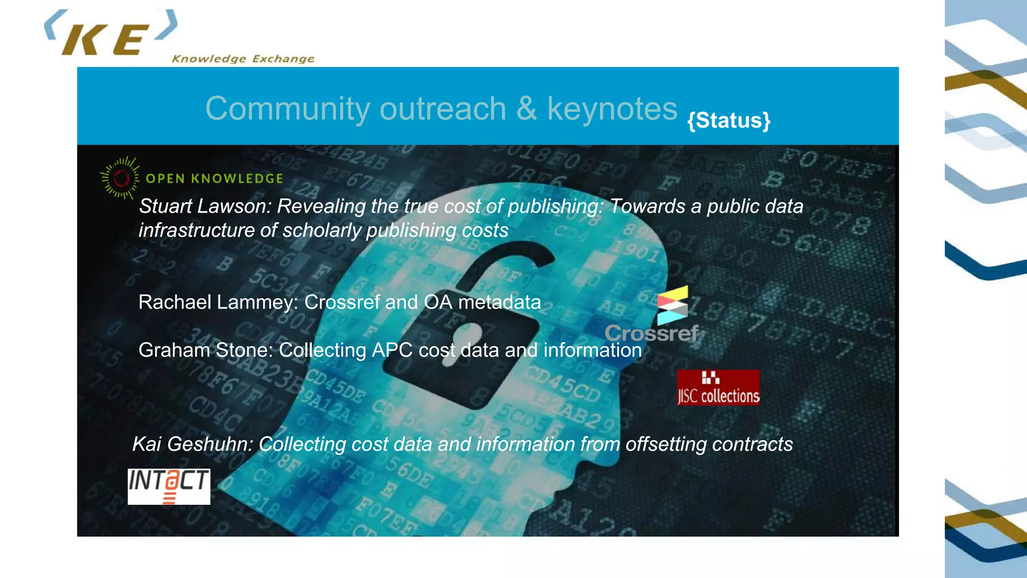 Community outreach & keynotes {Status}
Collecting and disseminating OA metadata from publishers at Crossref: the story so
far
(by: Rachael Lammey, CrossRef)
Stuart Lawson: Revealing the true cost of publishing: Towards a public data
infrastructure of scholarly publishing costs
Rachael Lammey: Crossref and OA metadata
Graham Stone: Collecting APC cost data and information
Kai Geshuhn: Collecting cost data and information from offsetting contracts
 