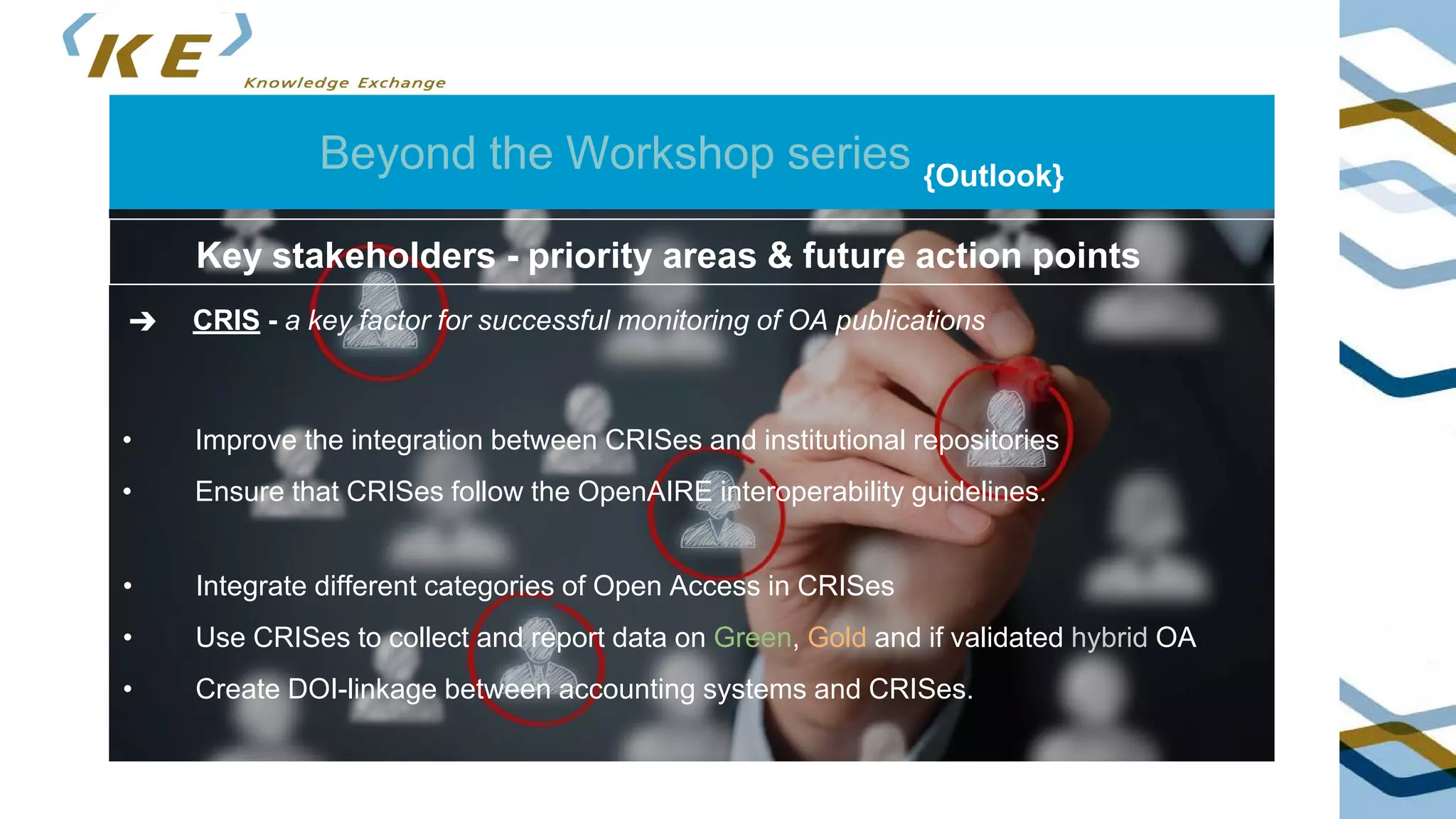 Beyond the Workshop series {Outlook}
➔ CRIS - a key factor for successful monitoring of OA publications
Key stakeholders - priority areas & future action points
• Improve the integration between CRISes and institutional repositories
• Ensure that CRISes follow the OpenAIRE interoperability guidelines.
• Integrate different categories of Open Access in CRISes
• Use CRISes to collect and report data on Green, Gold and if validated hybrid OA
• Create DOI-linkage between accounting systems and CRISes.
 