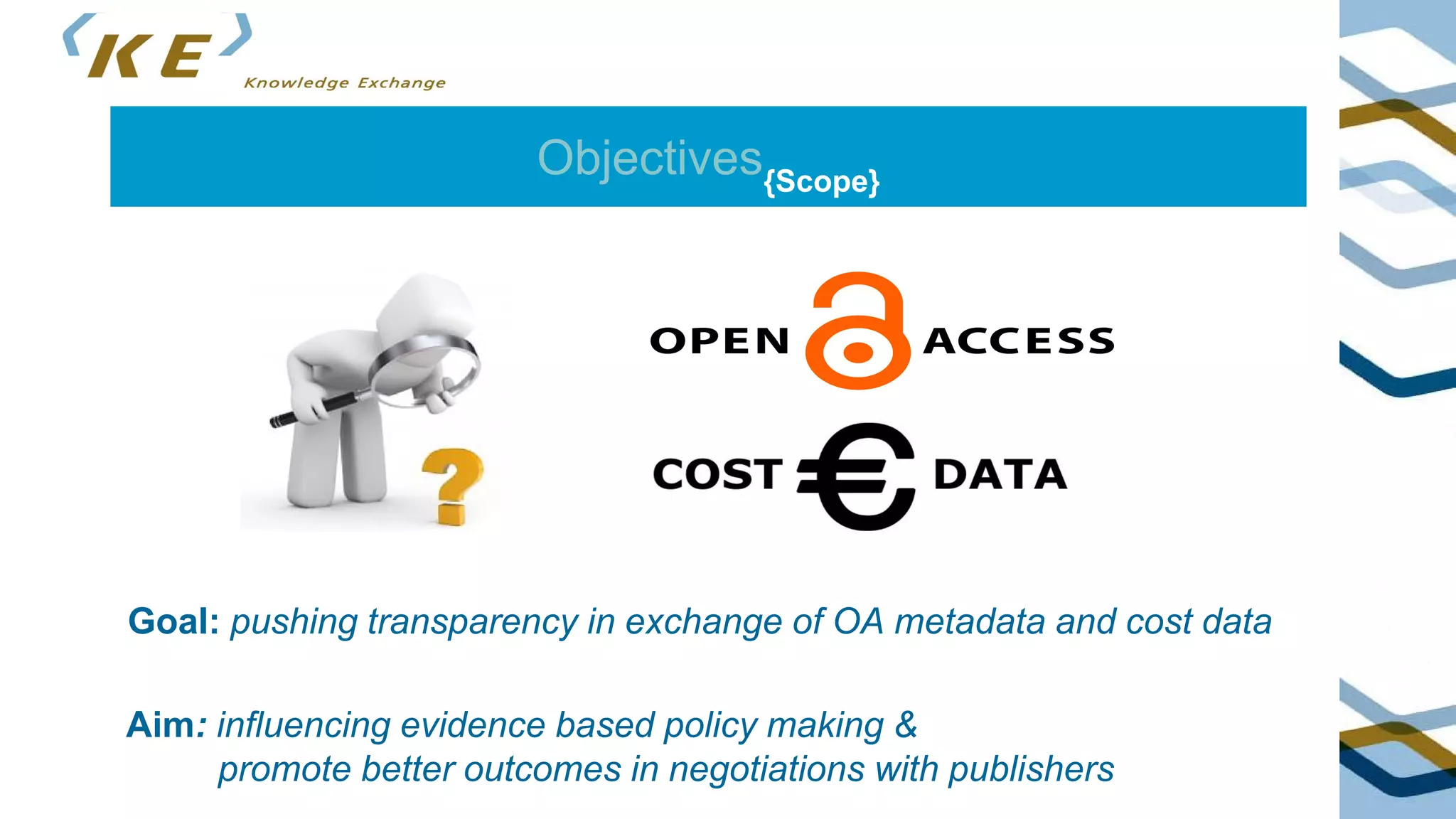 Objectives{Scope}
Goal: pushing transparency in exchange of OA metadata and cost data
Aim: influencing evidence based policy making &
promote better outcomes in negotiations with publishers
 