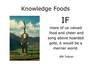 Knowledge Foods
IF
more of us valued
food and cheer and
song above hoarded
gold, it would be a
merrier world.
JRR Tolkien
 