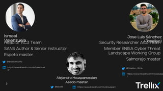 2
2
2
Ismael
Valenzuela
Jose Luis Sánchez
(Joseliyo)
Head of AC3 Team
SANS Author & Senior Instructor
Espeto master
- Security Researcher AC3 Team
§ Member ENISA Cyber Threat
Landscape Working Group
§ Salmorejo master
Alejandro Houspanossian
Asado master
@Joseliyo_Jstnk
https://www.linkedin.com/in/joseluissm
/
@aboutsecurity
https://www.linkedin.com/in/ivalenzuel
a/
@lekz86 https://www.linkedin.com/in/ahouspan/
 
