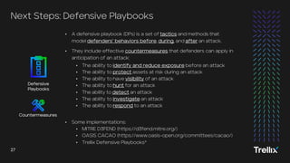 27
27
27
• A defensive playbook (DPs) is a set of tactics and methods that
model defenders’ behaviors before, during, and after an attack.
• They include effective countermeasures that defenders can apply in
anticipation of an attack:
• The ability to identify and reduce exposure before an attack
• The ability to protect assets at risk during an attack
• The ability to have visibility of an attack
• The ability to hunt for an attack
• The ability to detect an attack
• The ability to investigate an attack
• The ability to respond to an attack
• Some implementations:
• MITRE D3FEND (https://d3fend.mitre.org/)
• OASIS CACAO (https://www.oasis-open.org/committees/cacao/)
• Trellix Defensive Playbooks*
Next Steps: Defensive Playbooks
Defensive
Playbooks
Countermeasures
 