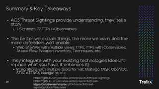 28
28 Trellix | Always Learning. Always Adapting.
28
28
• AC3 Threat Sightings provide understanding, they ’tell a
story’
• 7 Sightings, 77 TTPs (+Observables)
• The better we explain things, the more we learn, and the
more defenders we’ll enable
• Web site/Wiki with multiple views: TTPs, TTPs with Observables,
Attack Flow, Weapon inventory, Techniques, etc.
• They integrate with your existing technologies (doesn’t
replace what you have, it enhances it)
• Integrations with multiple tools/format: Maltego, MISP, OpenIOC,
STIX, ATT&CK Navigator, etc
Summary & Key Takeaways
https://github.com/mcafee-enterprise/ac3-threat-sightings
https://github.com/mcafee-enterprise/ac3-threat-
sightings/tree/main/tools
https://mcafee-enterprise.github.io/ac3-threat-
sightings/docs/Welcome/
 
