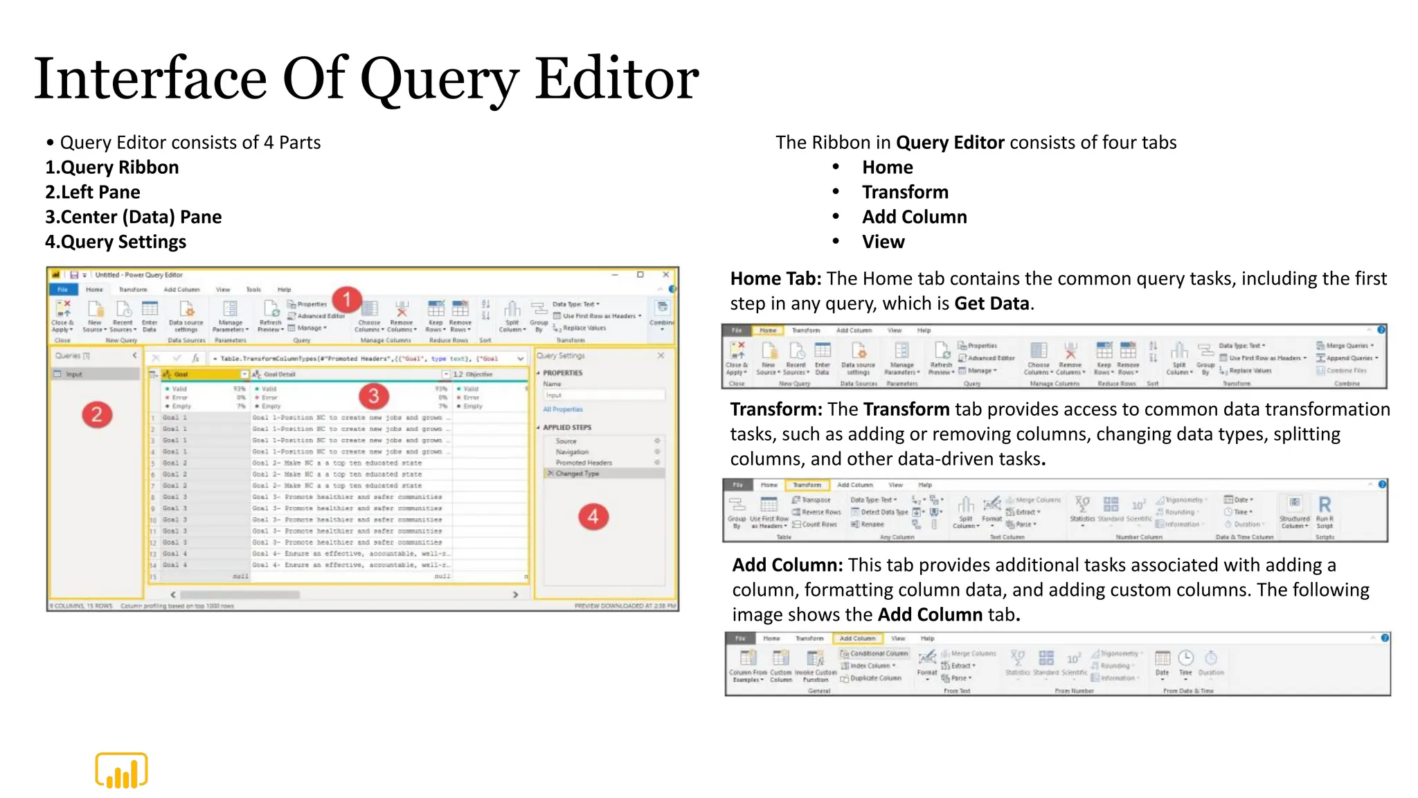 Interface Of Query Editor
• Query Editor consists of 4 Parts
1.Query Ribbon
2.Left Pane
3.Center (Data) Pane
4.Query Settings
The Ribbon in Query Editor consists of four tabs
• Home
• Transform
• Add Column
• View
Home Tab: The Home tab contains the common query tasks, including the first
step in any query, which is Get Data.
Transform: The Transform tab provides access to common data transformation
tasks, such as adding or removing columns, changing data types, splitting
columns, and other data-driven tasks.
Add Column: This tab provides additional tasks associated with adding a
column, formatting column data, and adding custom columns. The following
image shows the Add Column tab.
 